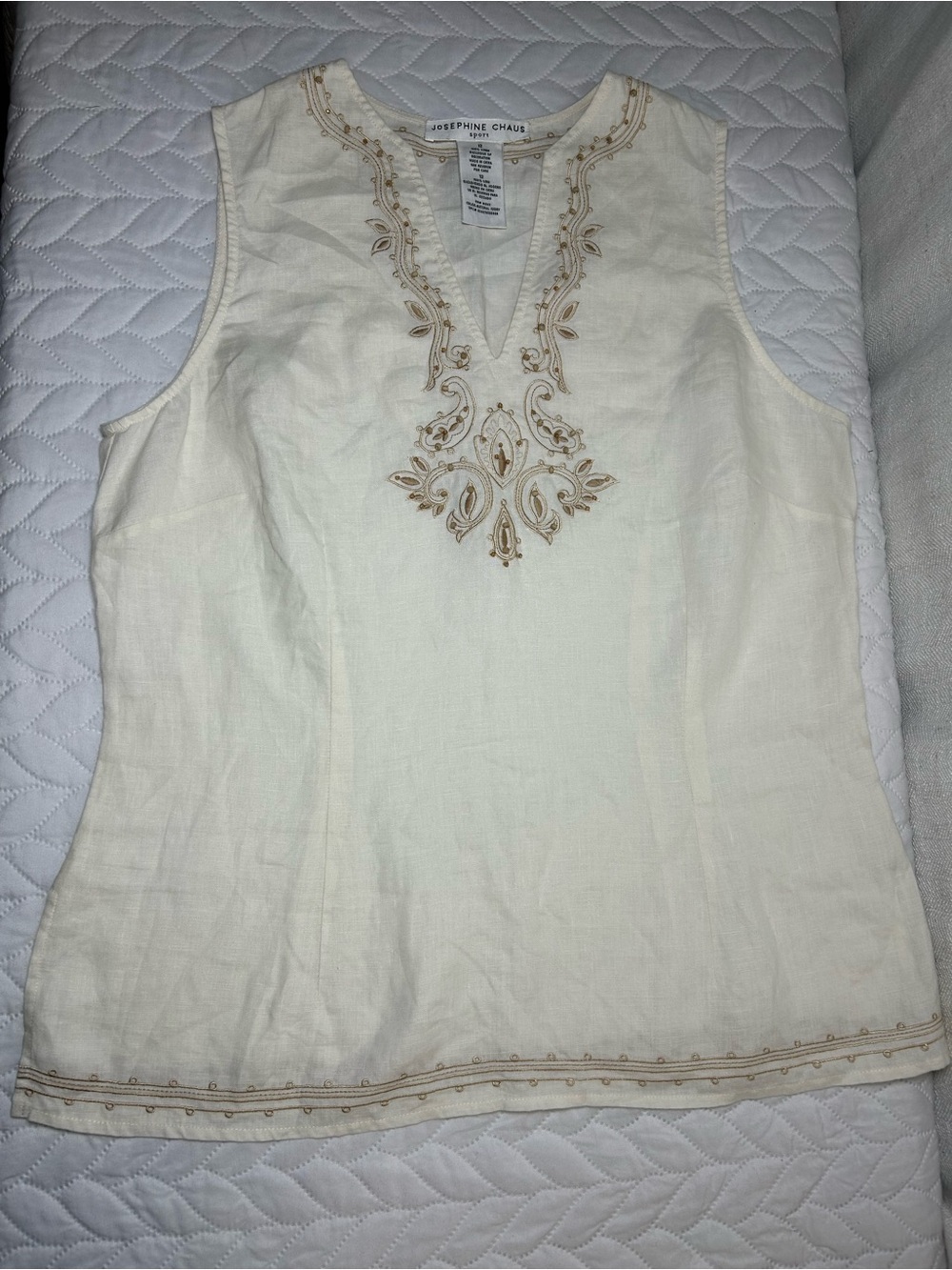 Josephine Chaus Cream Linen Sleeveless Top with Tan Embroidery